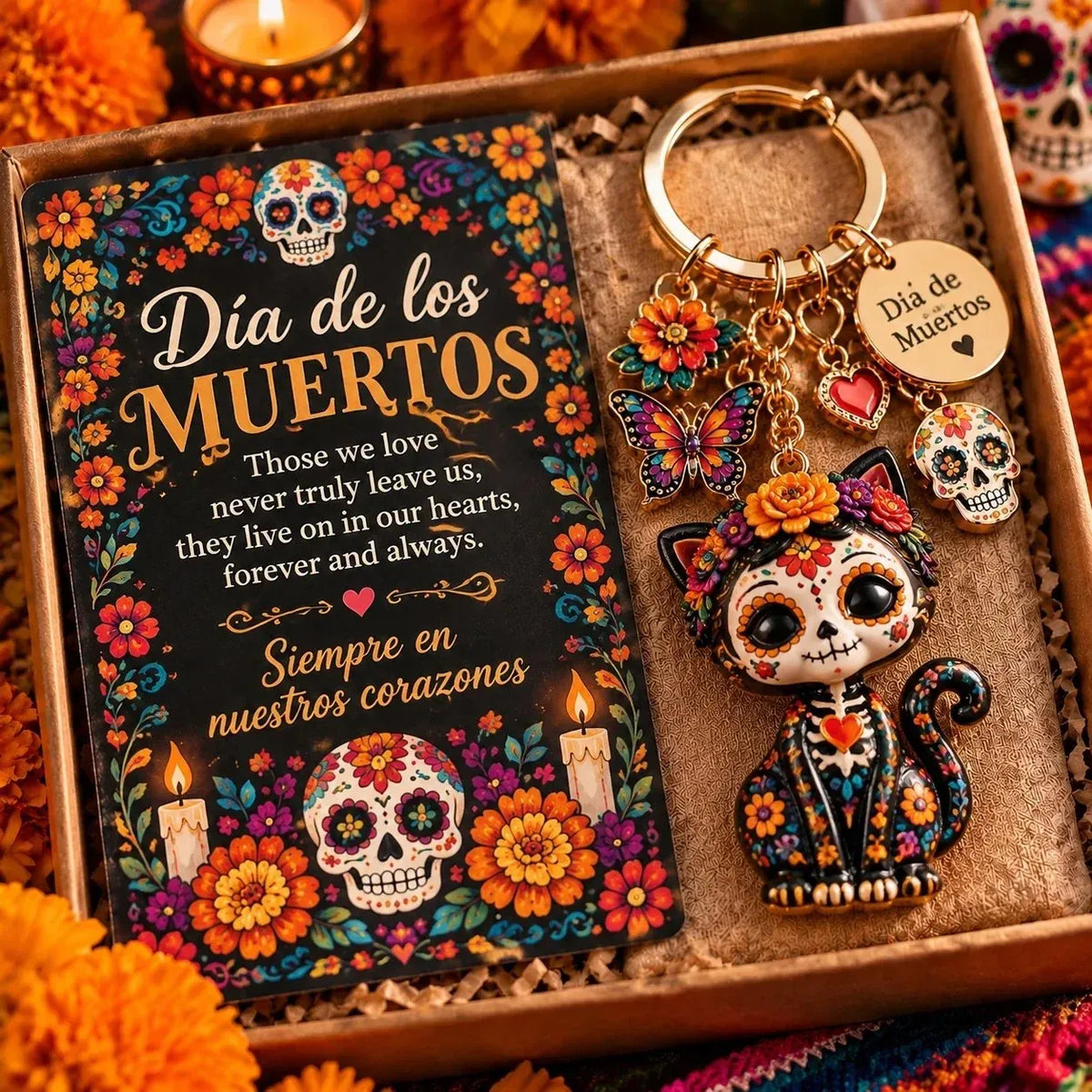🌼 Keychain with 'Day of the Dead' charm | 4 colorful styles featuring flowers and skulls