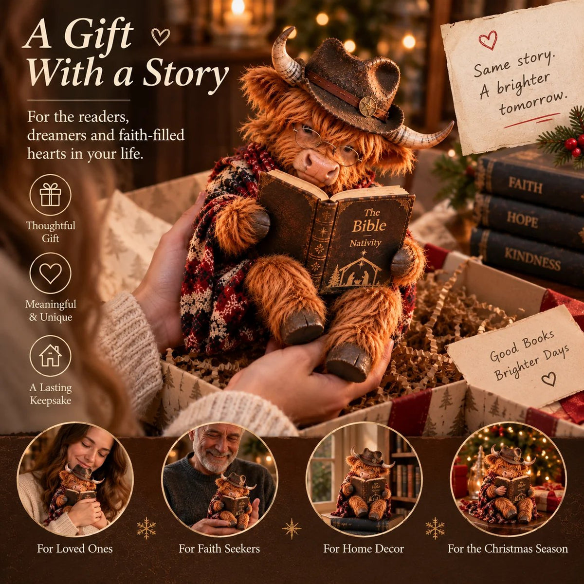 โณ Last Day 49% OFF โ ๐ฎ Highland Cow Christmas Reader Figurine โ Faith-Inspired Book Lover Gift
