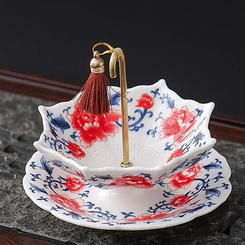 π΅β¨ Elegant Umbrella Ceramic Tea Strainer β Copper Handle, Fine Mesh & Matching Saucer