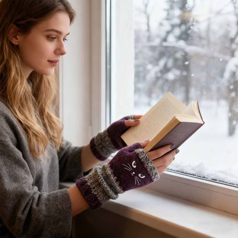 🐱 Cute knitted gloves for women with cat motif – for warm hands and free fingers🧶
