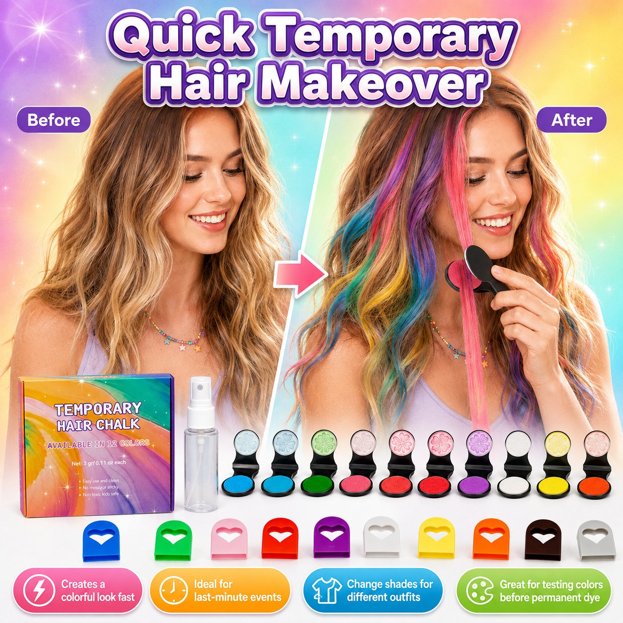🔥Last day with 50% off – 🌈Set of 12 temporary hair crayons with applicator