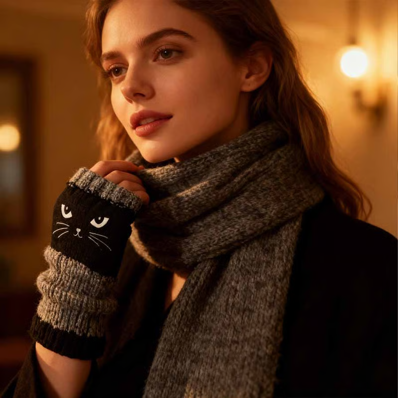 🐱 Cute knitted gloves for women with cat motif – for warm hands and free fingers🧶