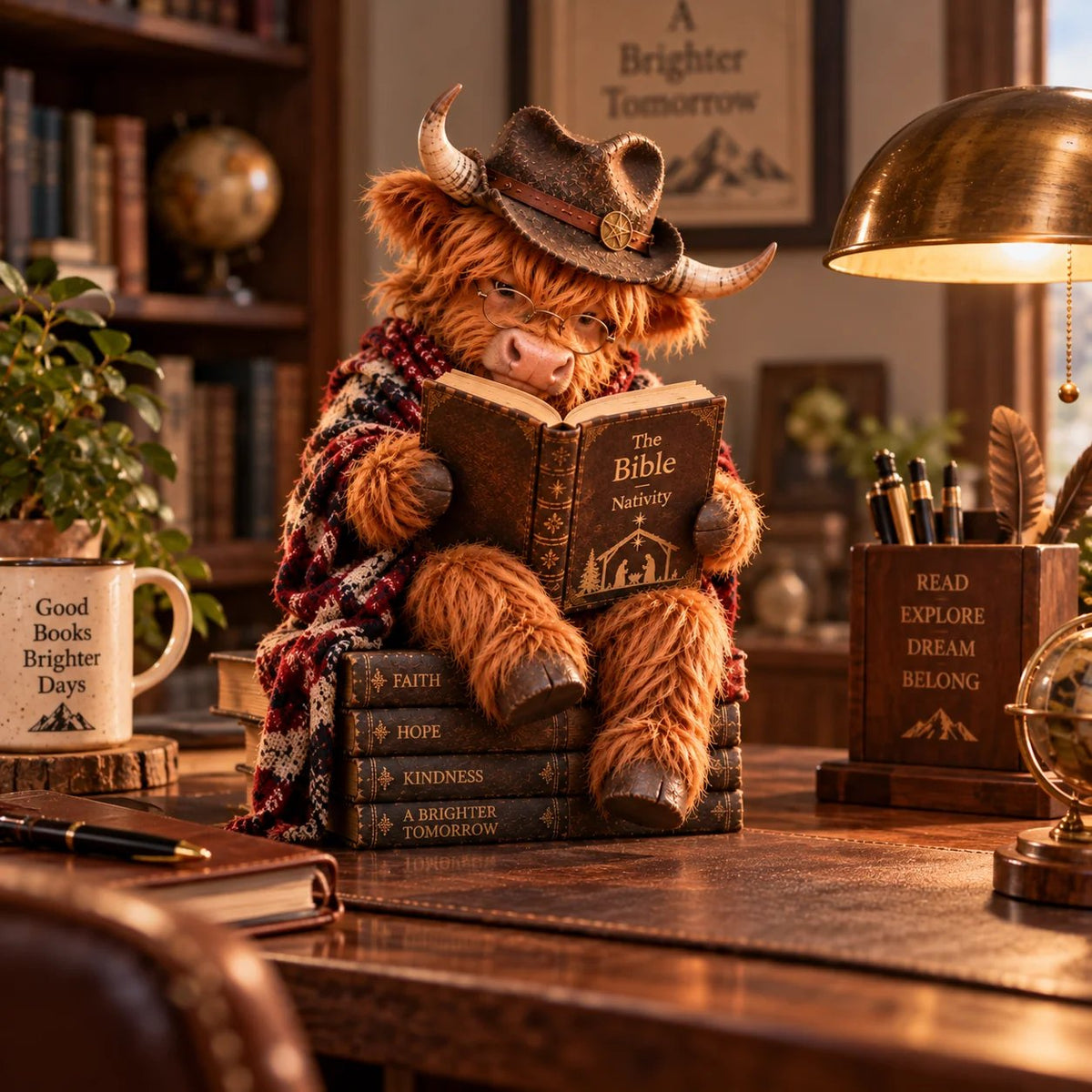 ⏳ Last Day 49% OFF – 🐮 Highland Cow Christmas Reader Figurine – Faith-Inspired Book Lover Gift