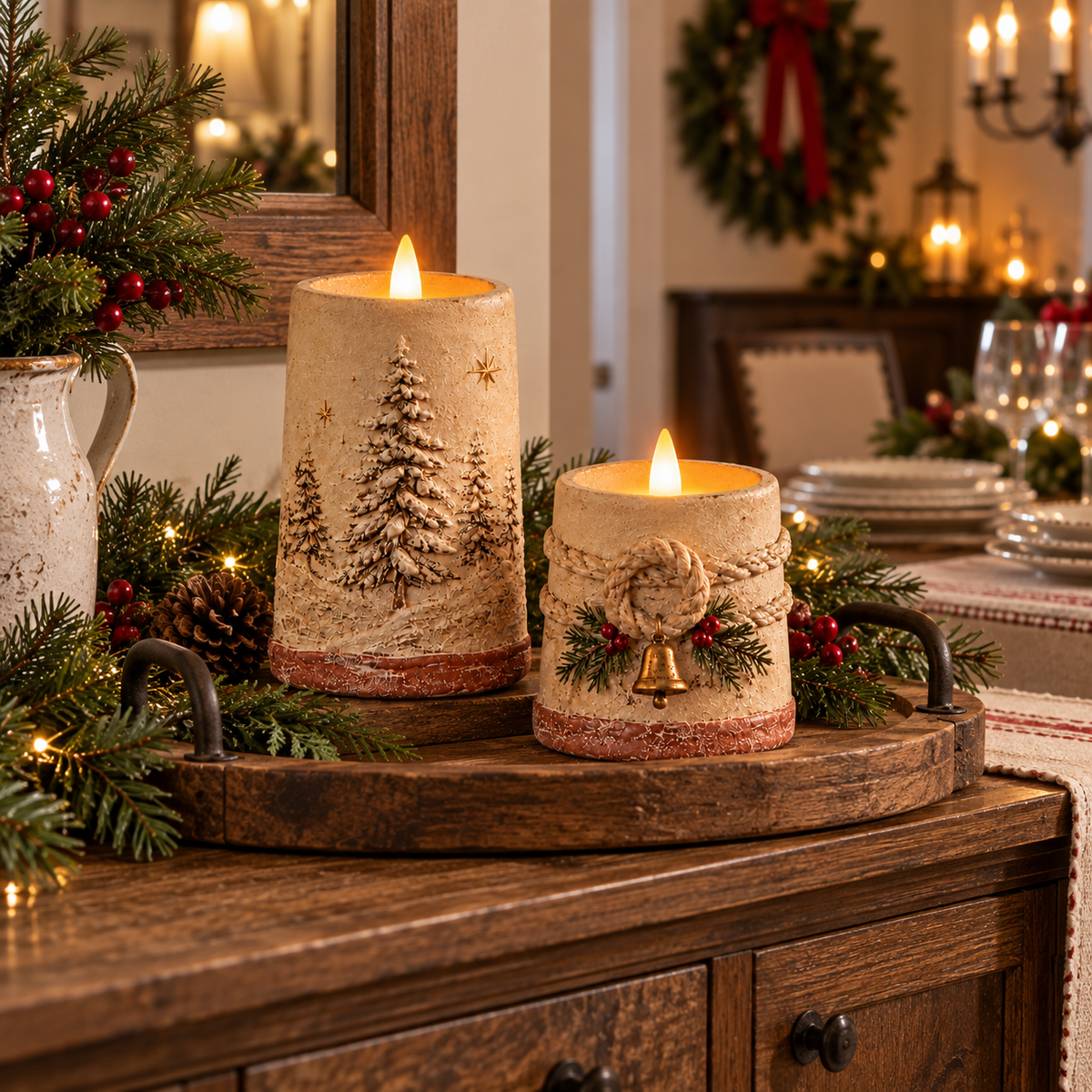 Rustic Christmas decorations with flameless LED candles