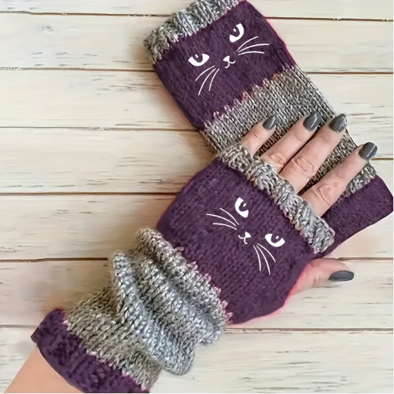 🐱 Cute knitted gloves for women with cat motif – for warm hands and free fingers🧶