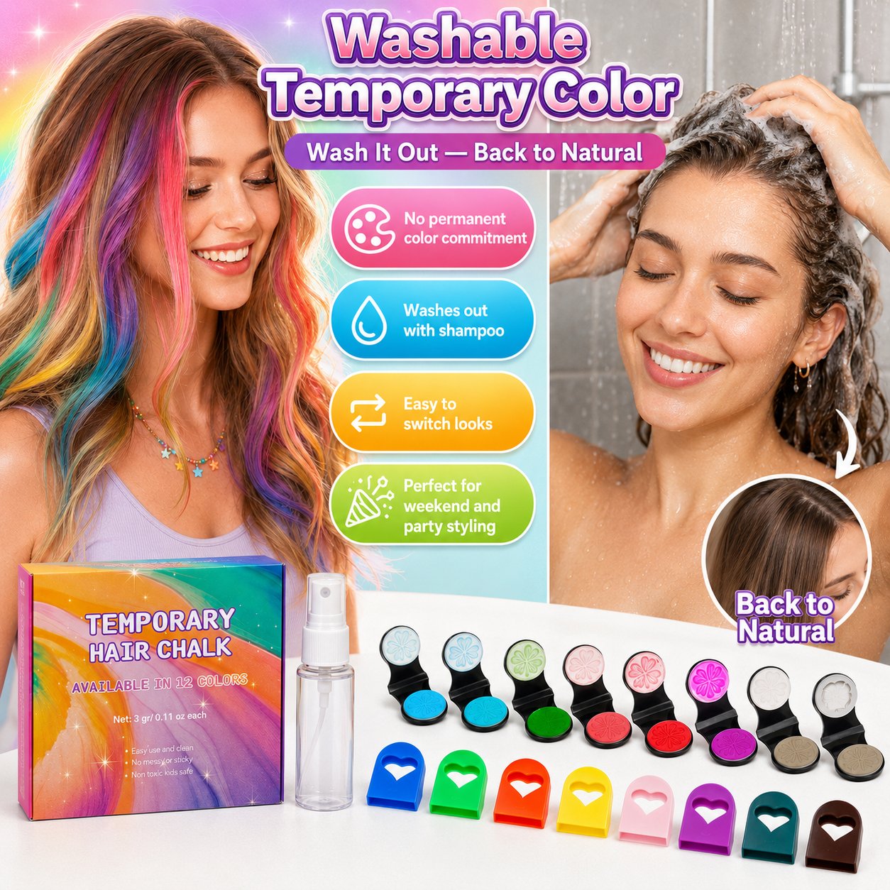 🔥Last day with 50% off – 🌈Set of 12 temporary hair crayons with applicator