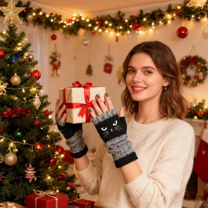 🐱 Cute knitted gloves for women with cat motif – for warm hands and free fingers🧶