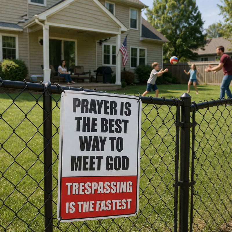 "No Trespassing—Or You'll See God Sooner Than You Think" (Decorative Sign)