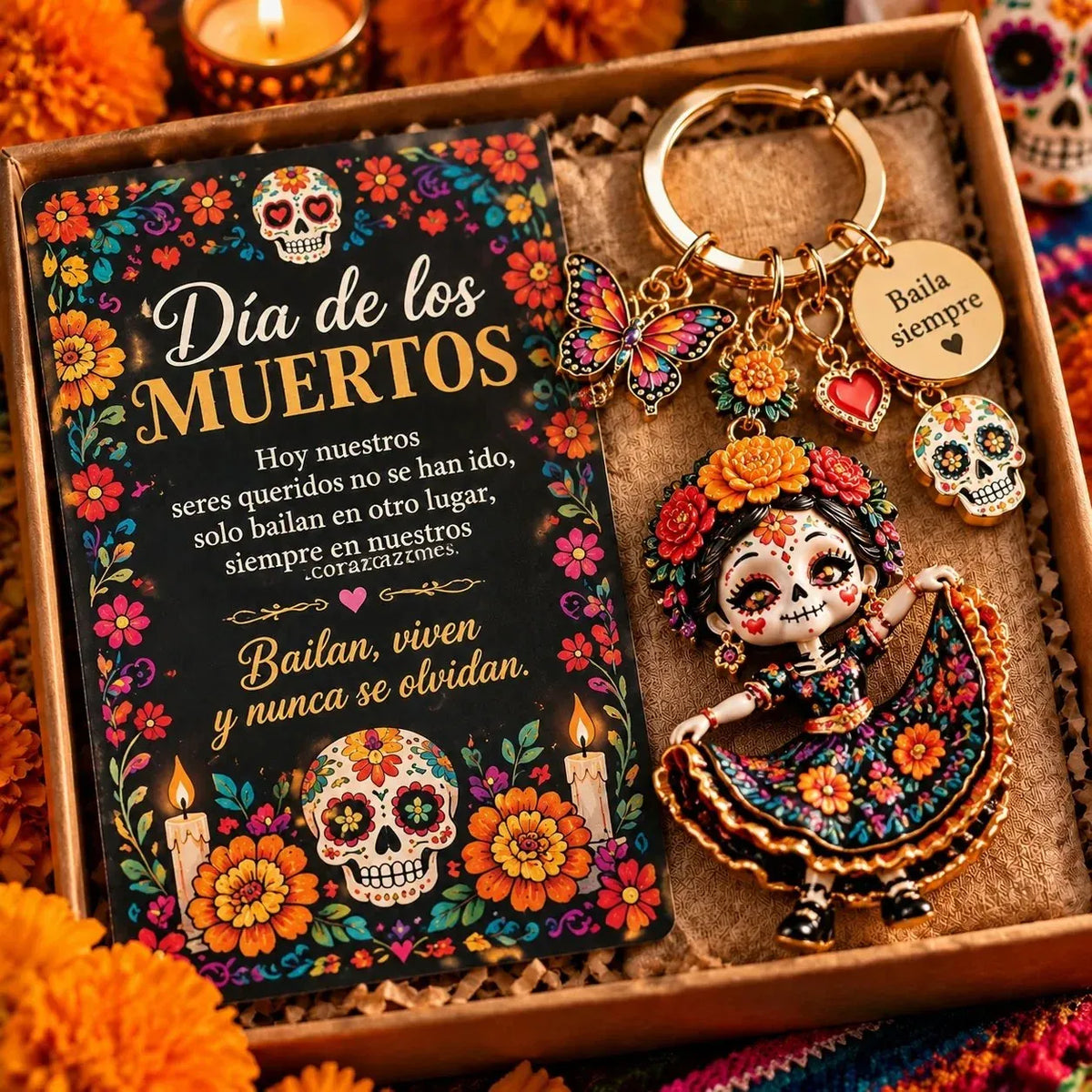🌼 Keychain with 'Day of the Dead' charm | 4 colorful styles featuring flowers and skulls