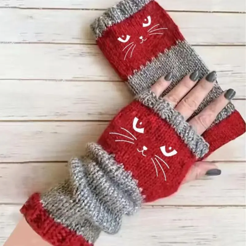 🐱 Cute knitted gloves for women with cat motif – for warm hands and free fingers🧶