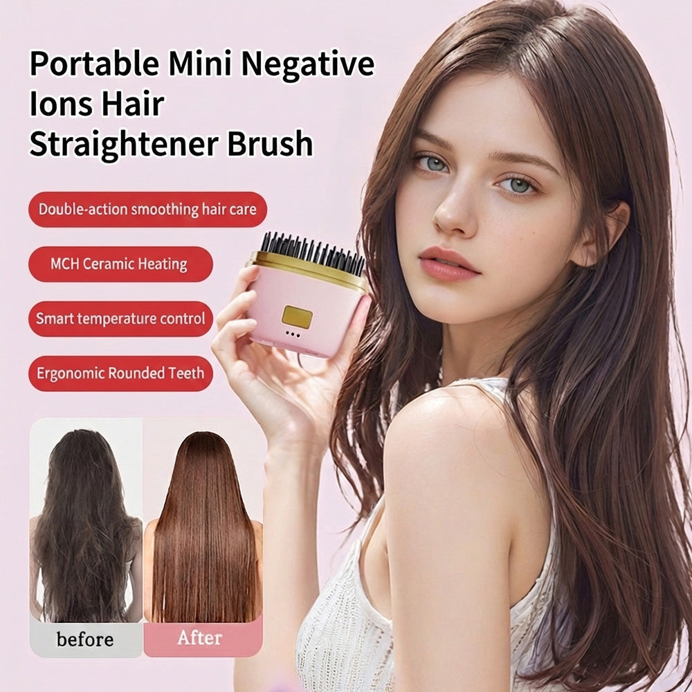 💇‍♀️Portable mini hair straightener brush with negative ions
