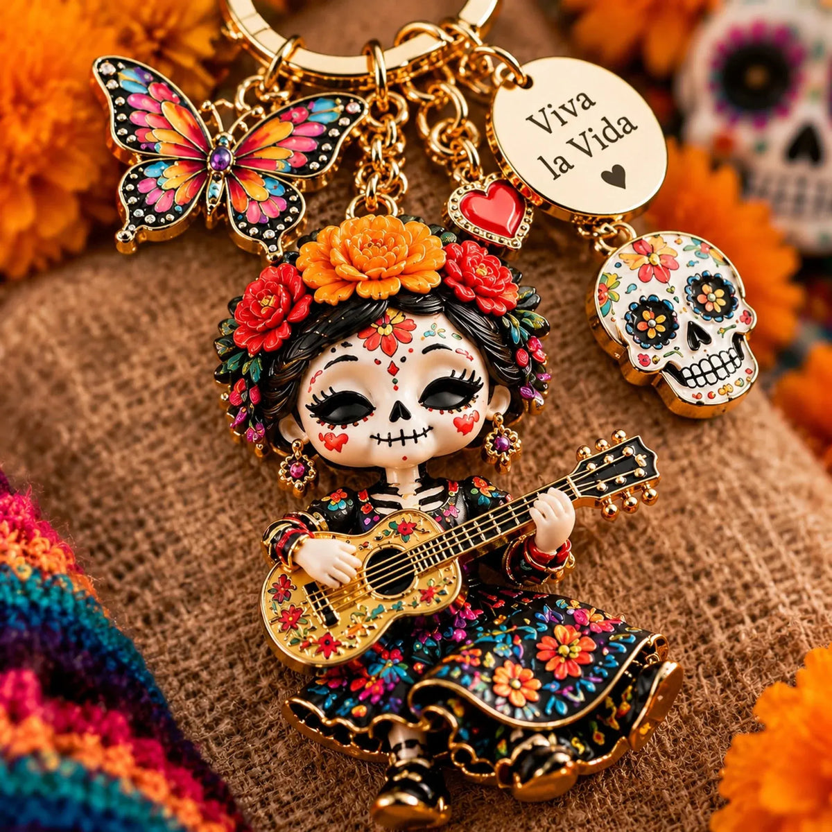 🌼 Keychain with 'Day of the Dead' charm | 4 colorful styles featuring flowers and skulls