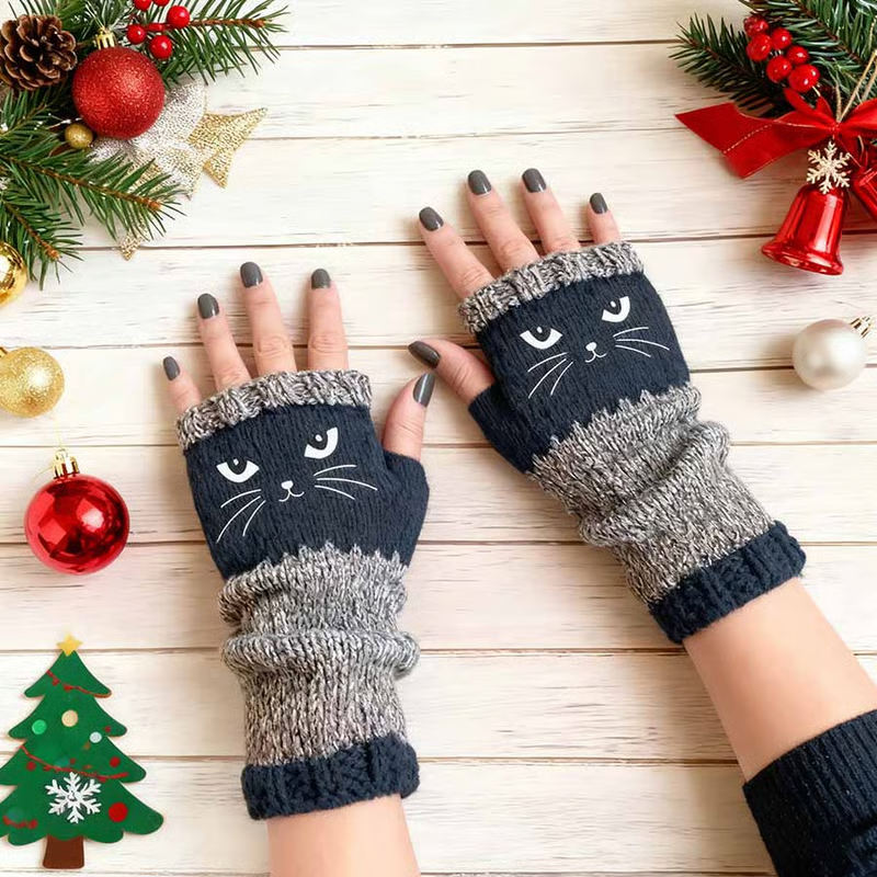 🐱 Cute knitted gloves for women with cat motif – for warm hands and free fingers🧶