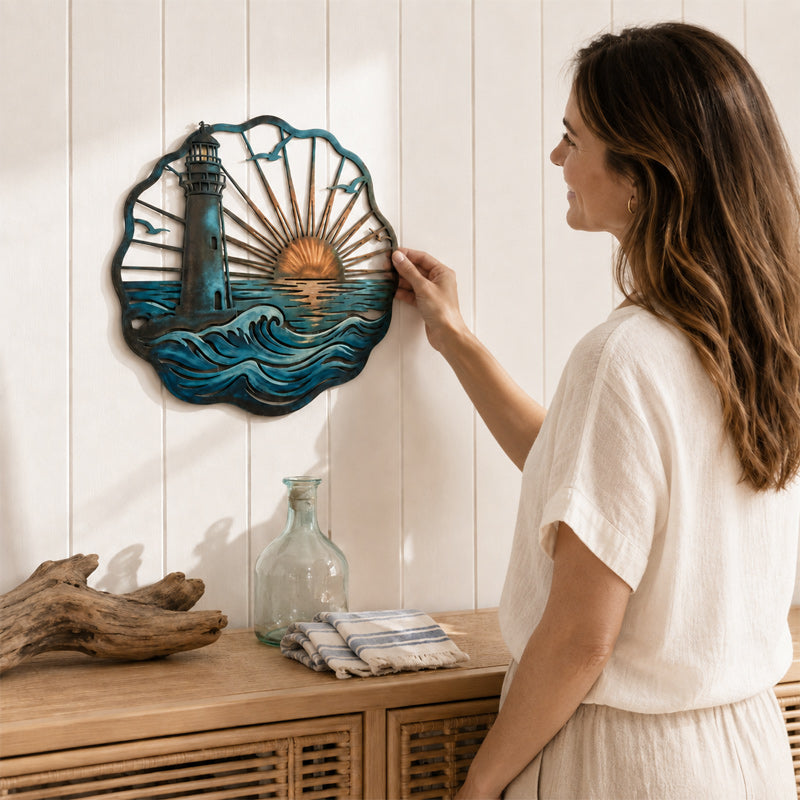 🌅 Golden Harbour Lighthouse Mural – Vintage Coastal-Style Metal Wall Decoration⚓