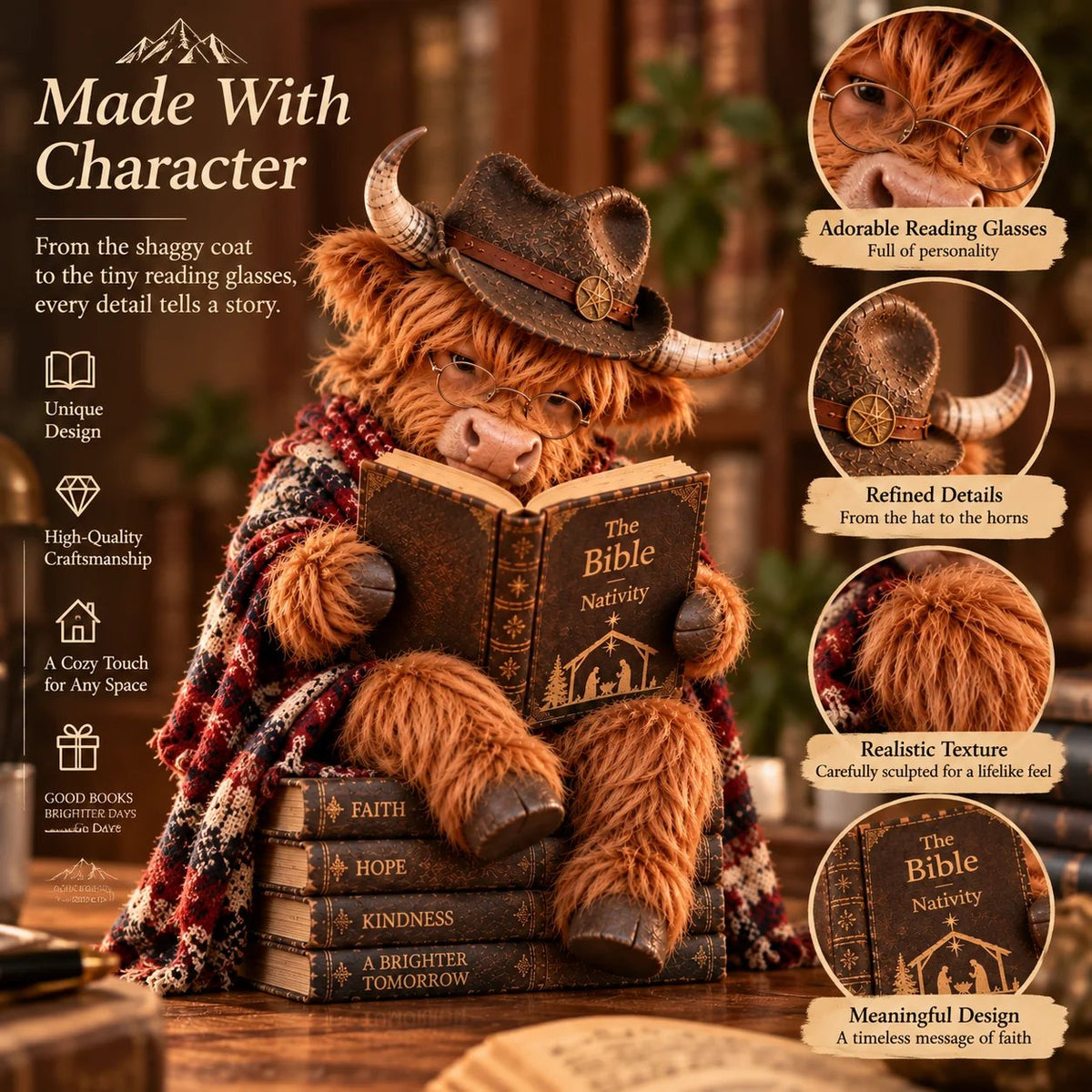 ⏳ Last Day 49% OFF – 🐮 Highland Cow Christmas Reader Figurine – Faith-Inspired Book Lover Gift