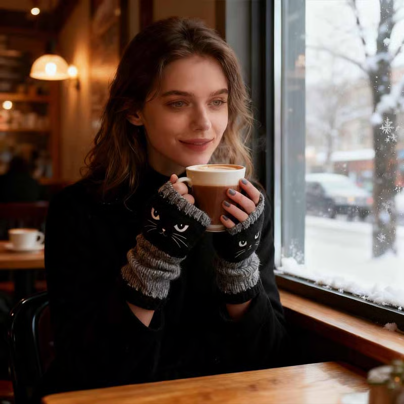 🐱 Cute knitted gloves for women with cat motif – for warm hands and free fingers🧶
