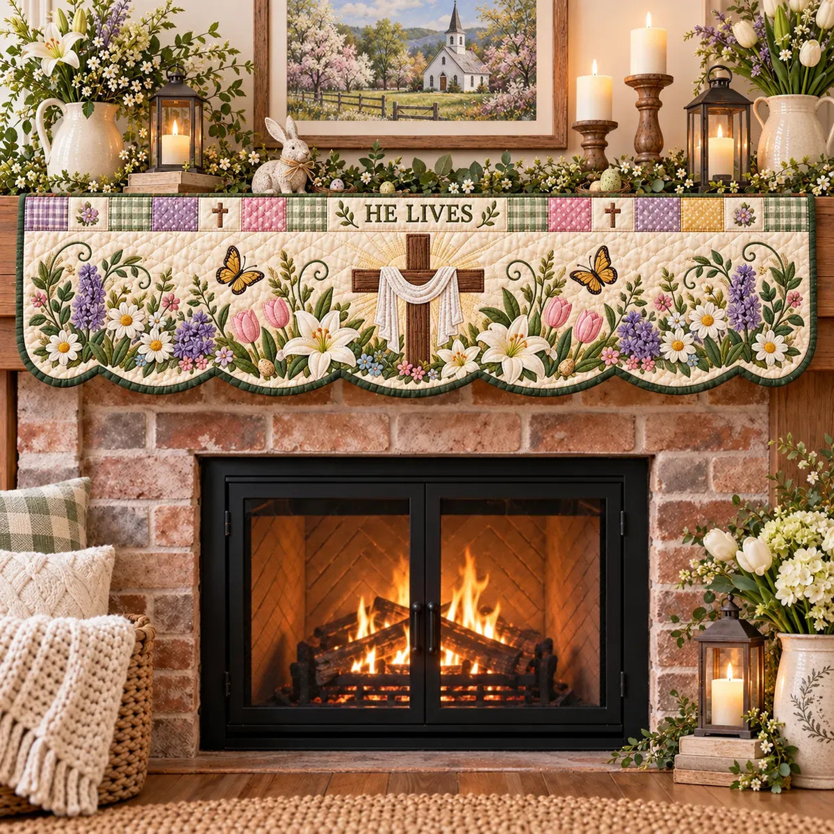 ✝️ Faith Quilted Patchwork Fireplace Mantel Scarf
