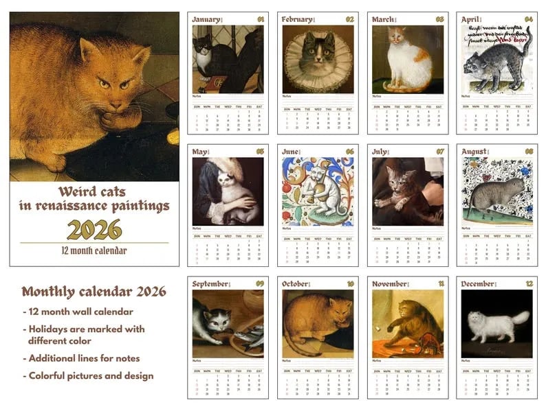 🔥Last day 49% OFF - 🗓️🎨 Meet the strange cats in Renaissance paintings 2026 calendar