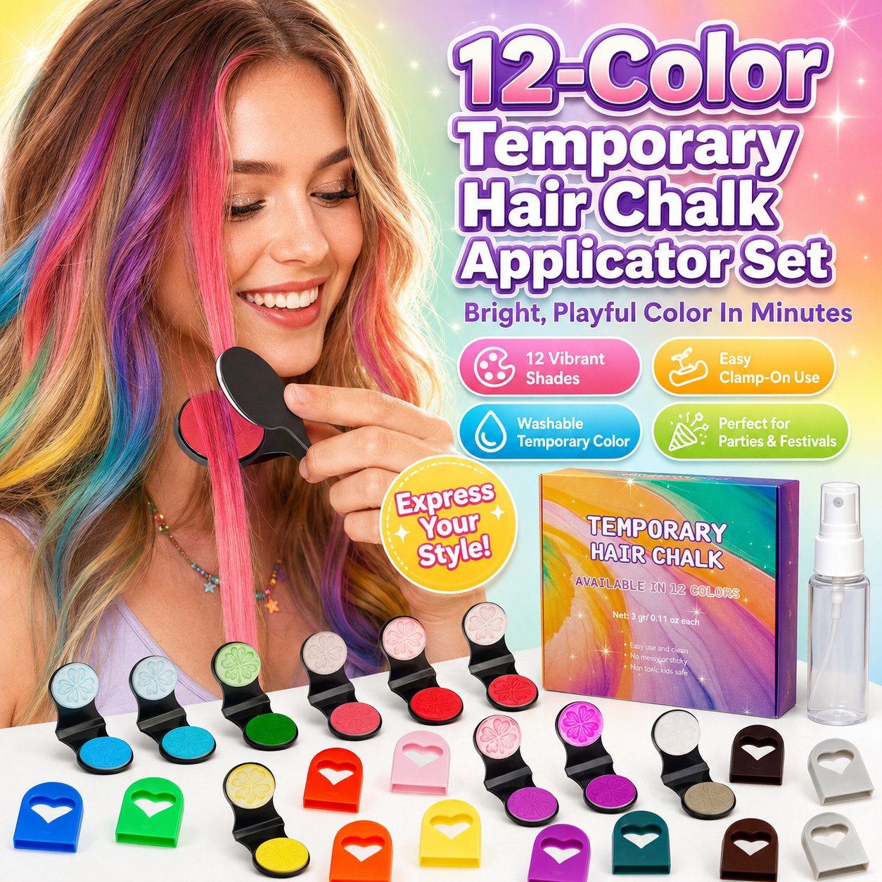 🔥Last day with 50% off – 🌈Set of 12 temporary hair crayons with applicator