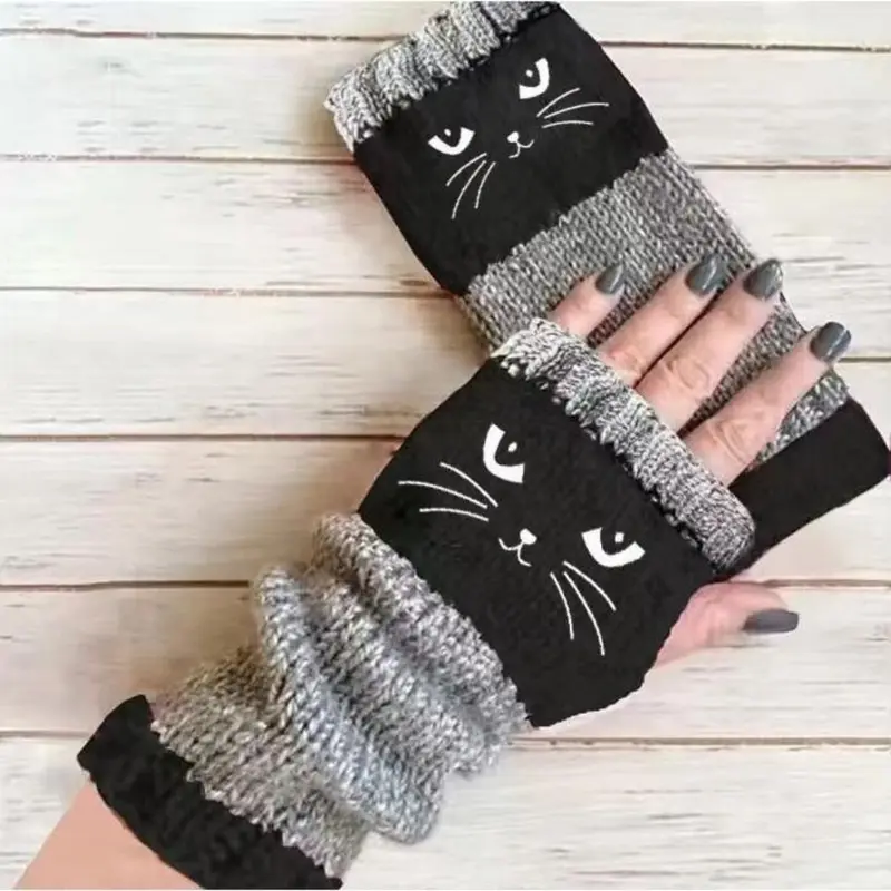 🐱 Cute knitted gloves for women with cat motif – for warm hands and free fingers🧶