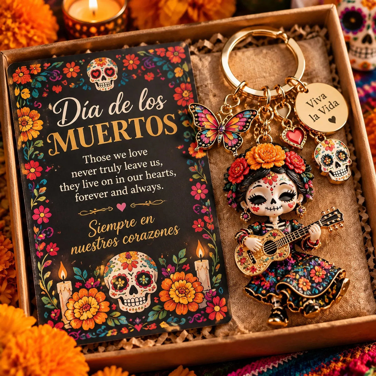 🌼 Keychain with 'Day of the Dead' charm | 4 colorful styles featuring flowers and skulls