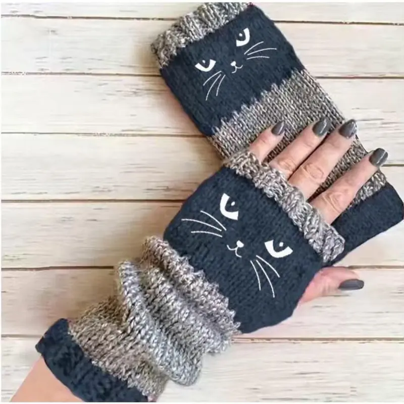 🐱 Cute knitted gloves for women with cat motif – for warm hands and free fingers🧶