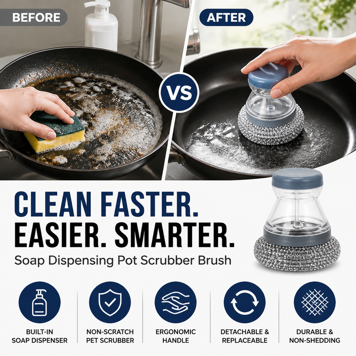 🧼Scrub brush with dish soap dispenser and detachable PET head