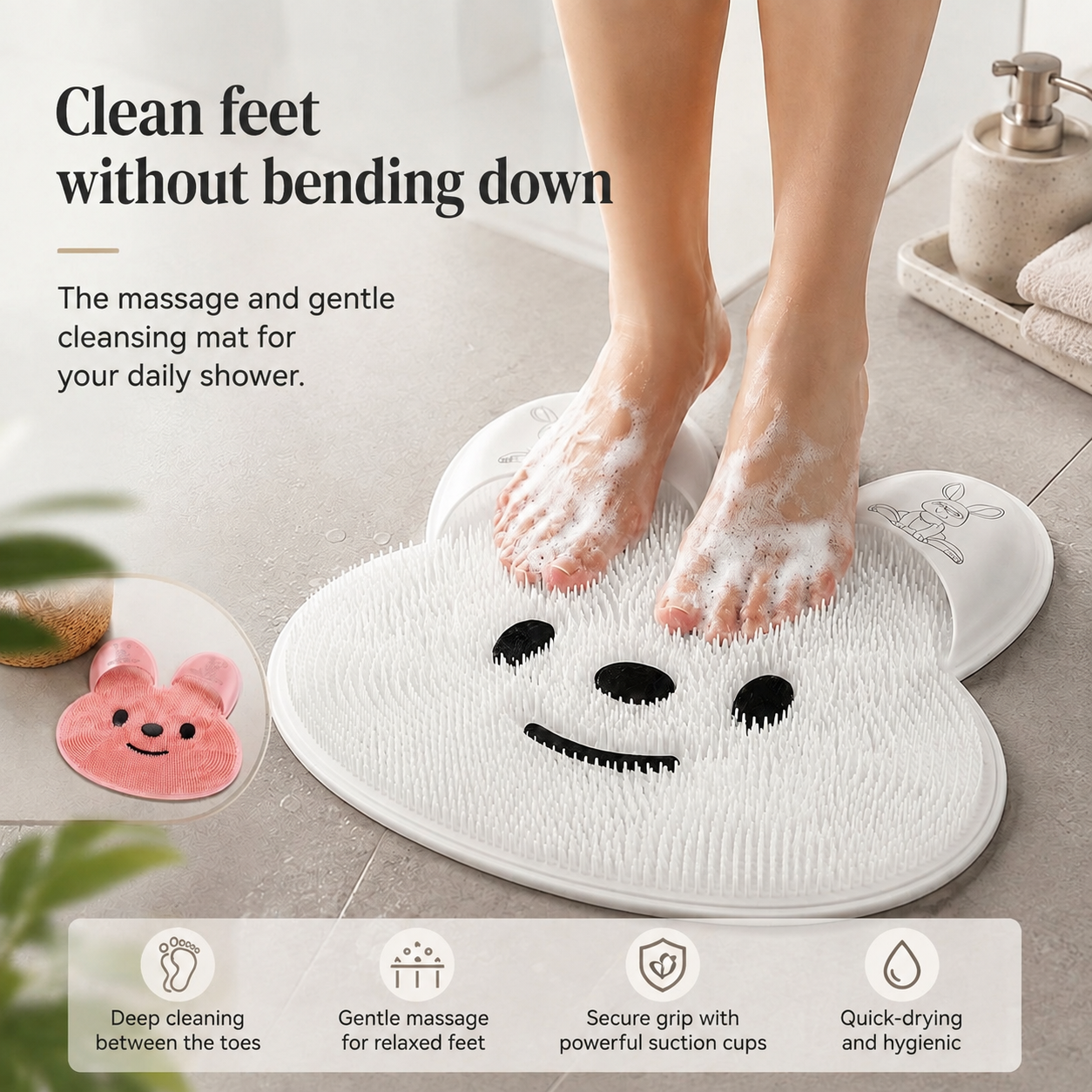 Foot cleaning and massage mat with suction cups – Soft shower mat for foot cleansing