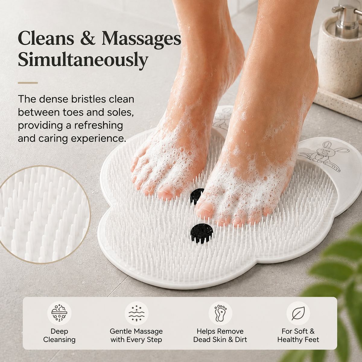 Foot cleaning and massage mat with suction cups – Soft shower mat for foot cleansing