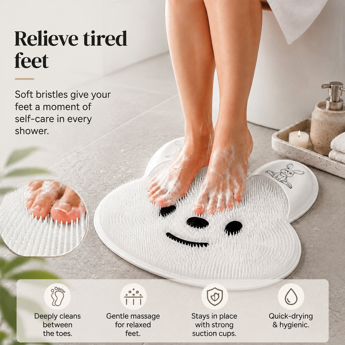 Foot cleaning and massage mat with suction cups – Soft shower mat for foot cleansing