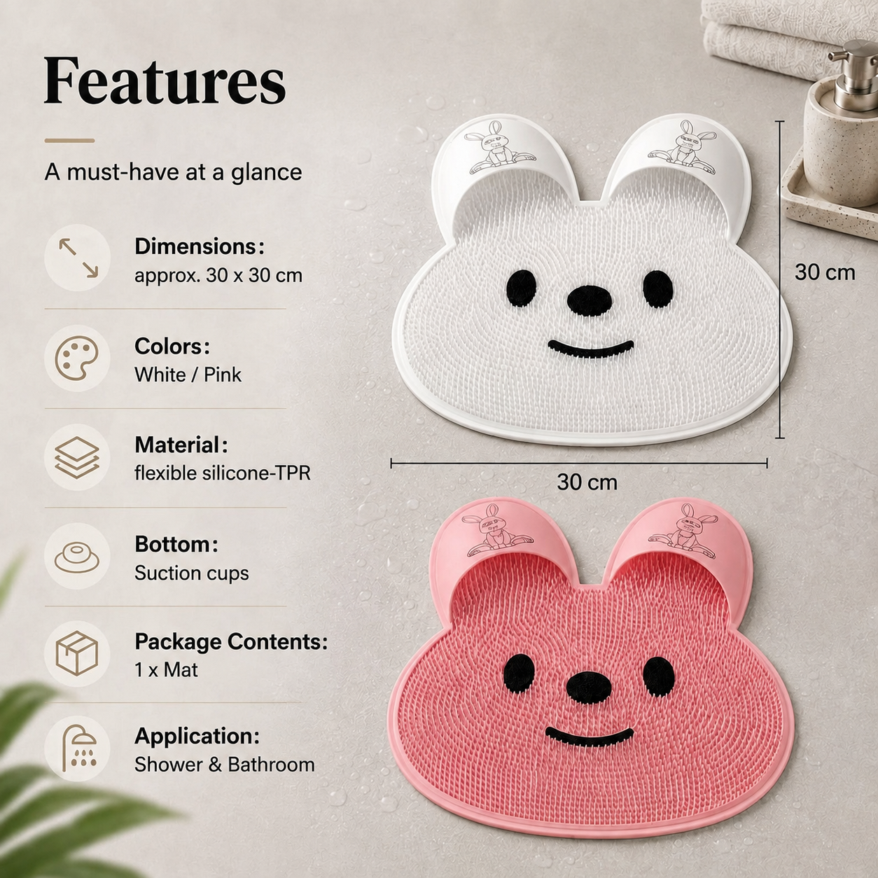 Foot cleaning and massage mat with suction cups – Soft shower mat for foot cleansing