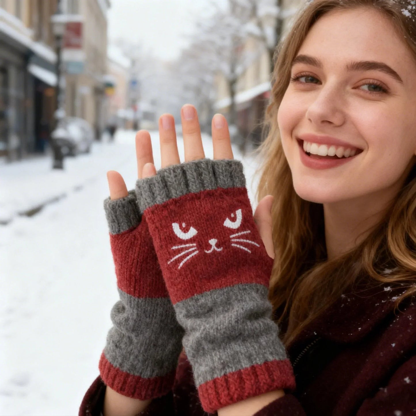 🐱 Cute knitted gloves for women with cat motif – for warm hands and free fingers🧶