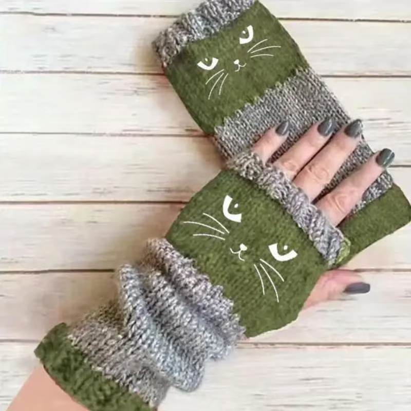 🐱 Cute knitted gloves for women with cat motif – for warm hands and free fingers🧶