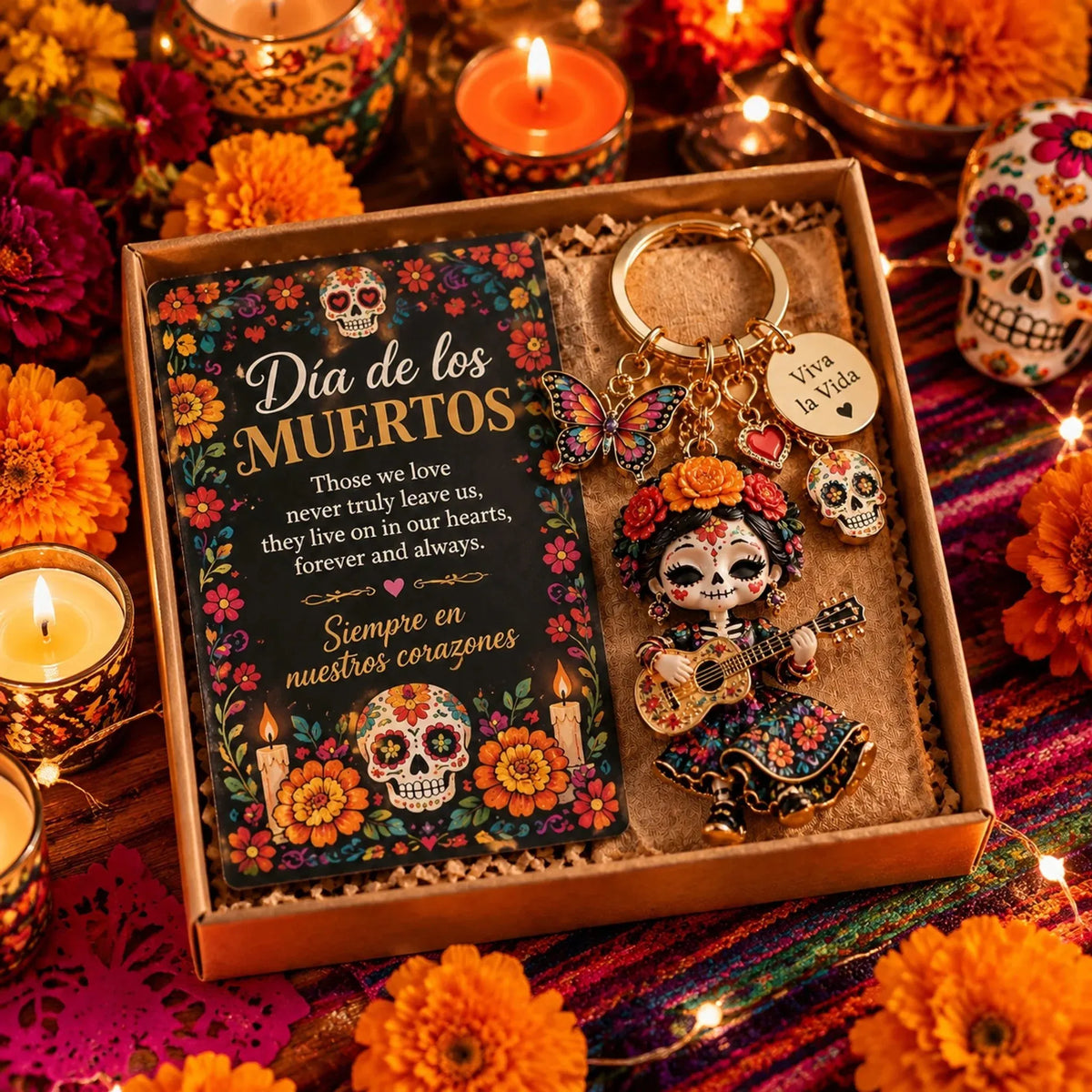 🌼 Keychain with 'Day of the Dead' charm | 4 colorful styles featuring flowers and skulls
