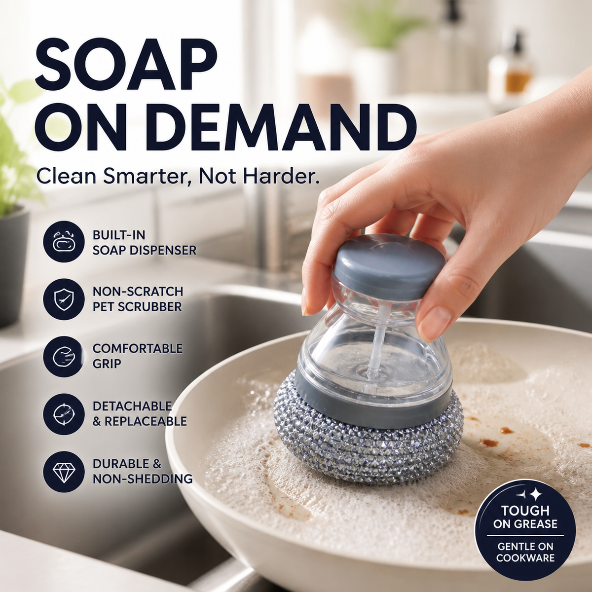 🧼Scrub brush with dish soap dispenser and detachable PET head