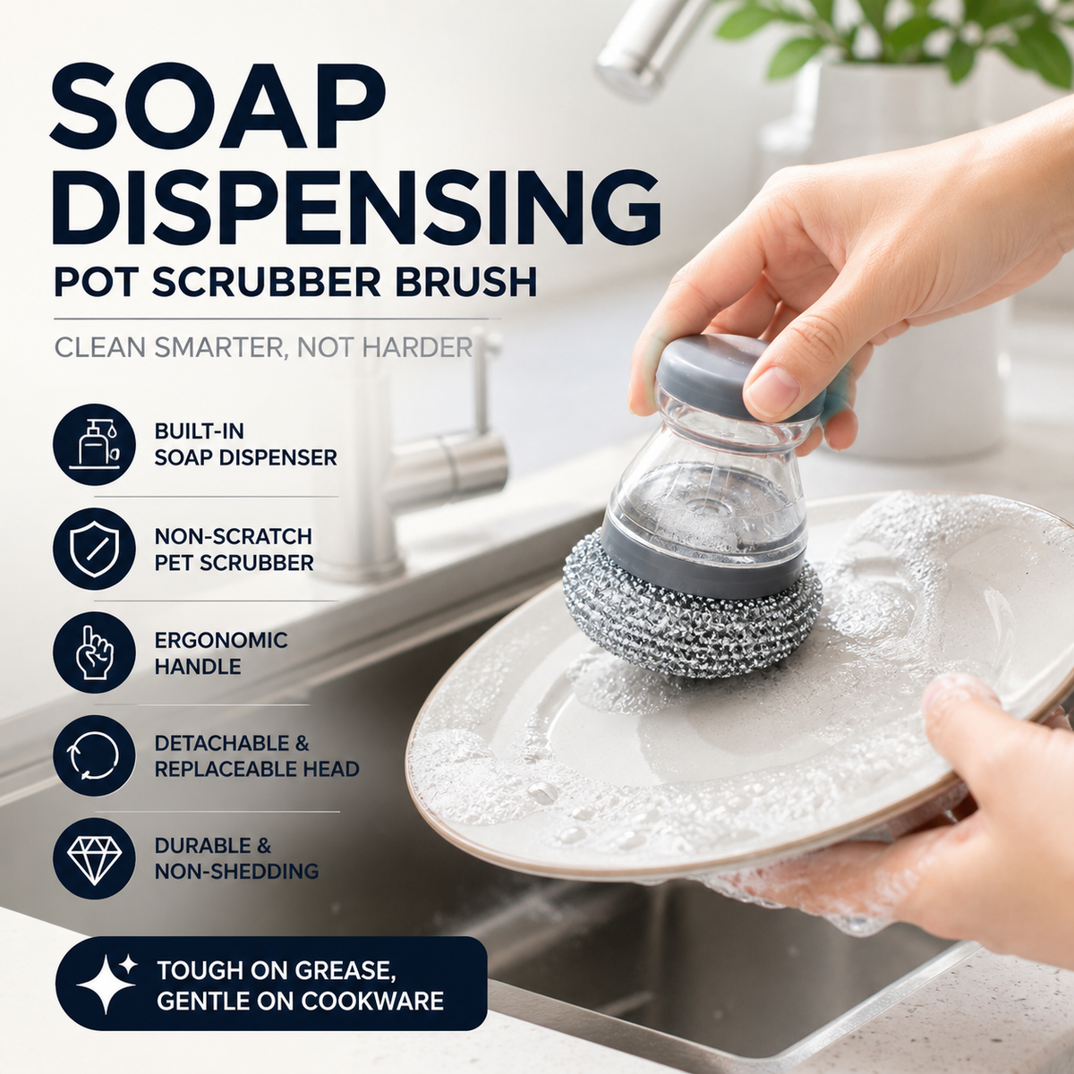 🧼Scrub brush with dish soap dispenser and detachable PET head