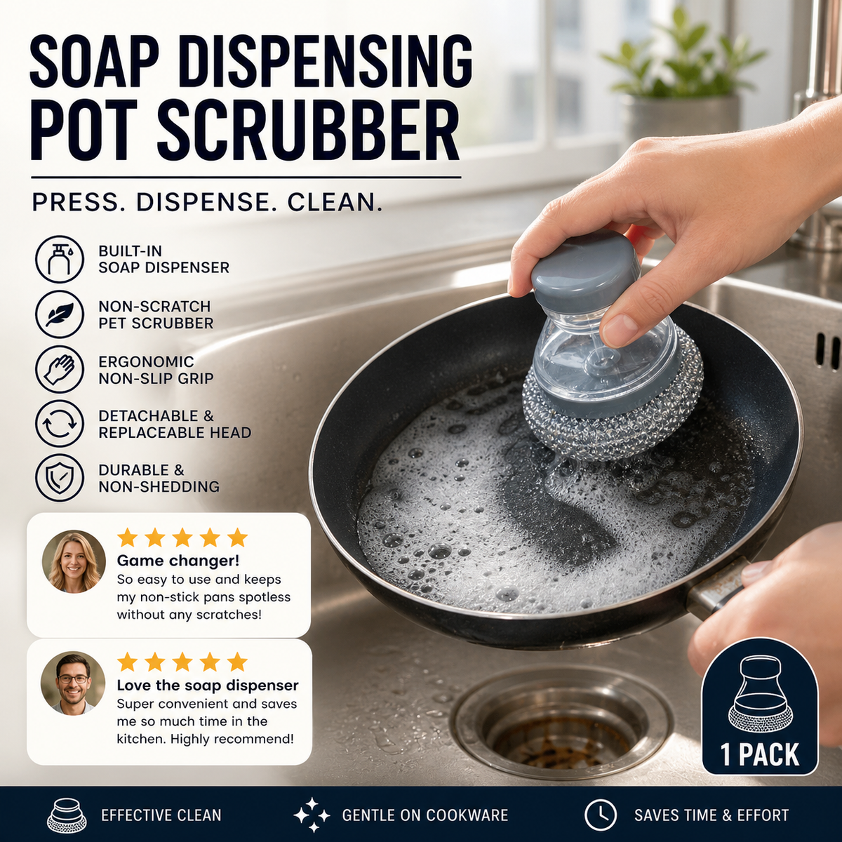 🧼Scrub brush with dish soap dispenser and detachable PET head