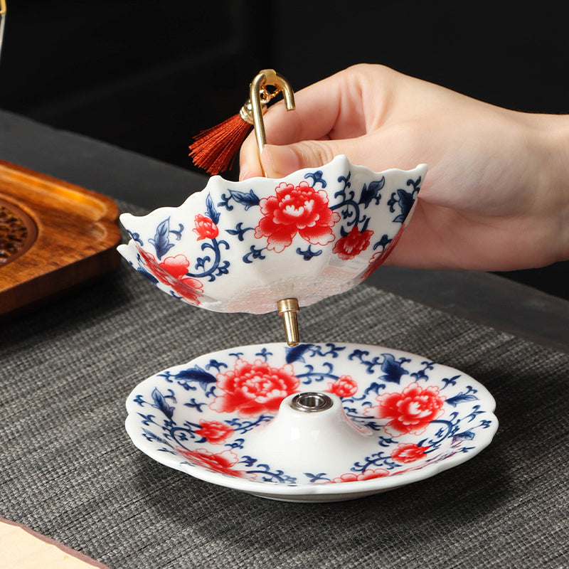 🍵✨ Elegant Umbrella Ceramic Tea Strainer — Copper Handle, Fine Mesh & Matching Saucer