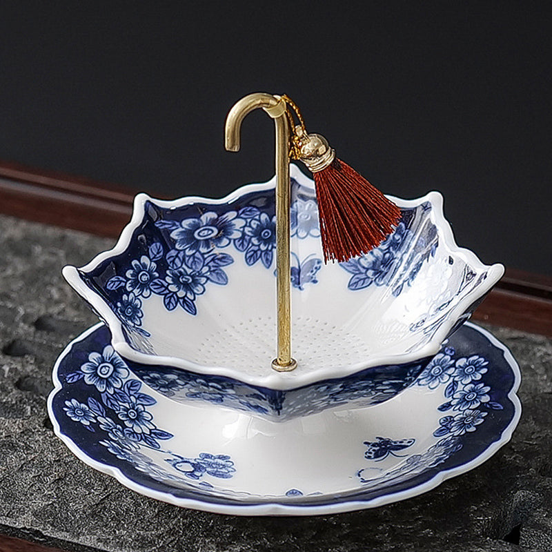 🍵✨ Elegant Umbrella Ceramic Tea Strainer — Copper Handle, Fine Mesh & Matching Saucer