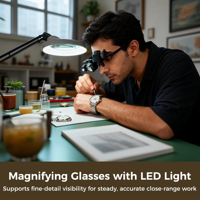 🔬✨ Precision LED Magnifier Glasses – Interchangeable Lenses, Dual LED, Hands-Free 💡