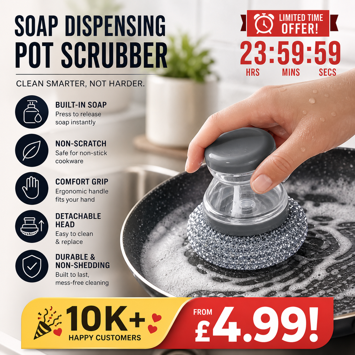 🧼Scrub brush with dish soap dispenser and detachable PET head